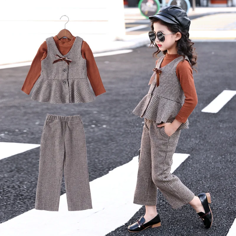 Детская одежда весенне-осенний клетчатый жилет футболка и брюки модный костюм