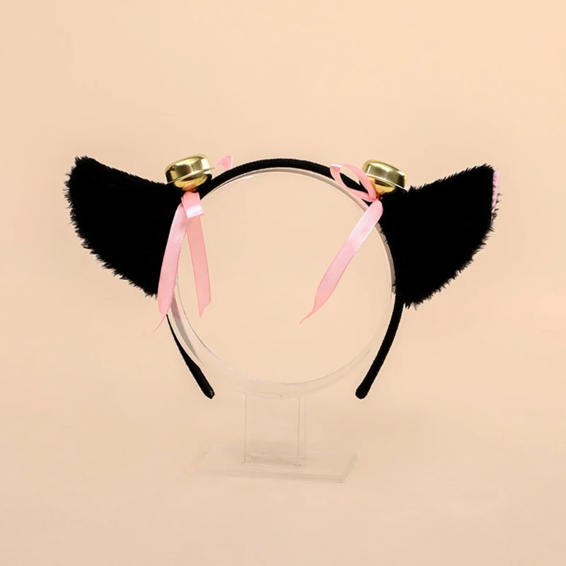 

Japanese Lolita Cosplay Headband Sweet Faux Fur Plush Cat Ears Hair Hoop with Bells Bow Masquerade Anime Party Costume