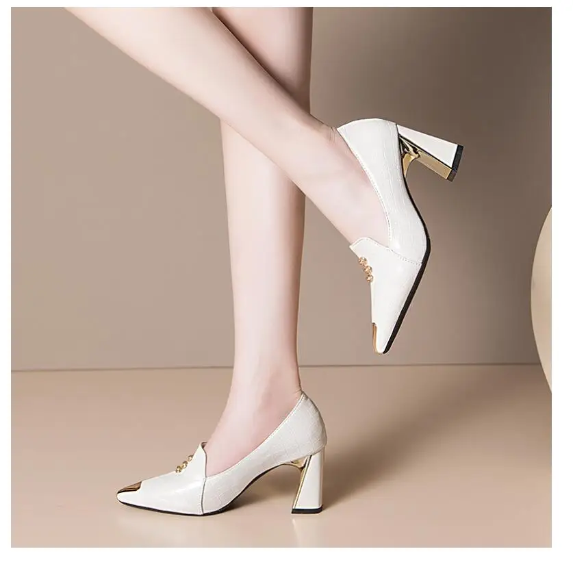 2021 spring and autumn new thick with high-heeled patent leather shallow mouth women's shoes bright metal pointed shallow mouth