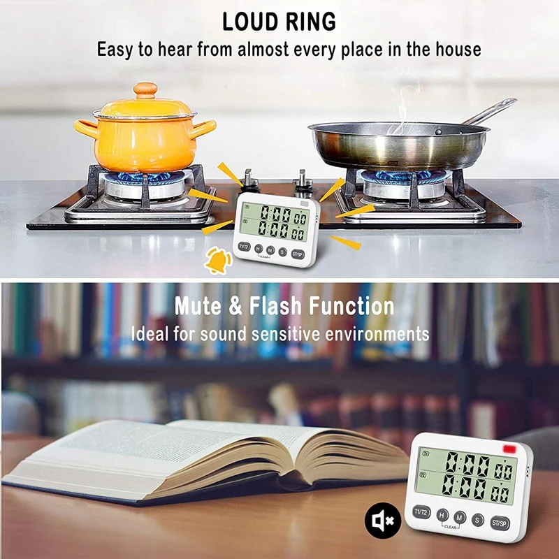 

Dual Timer with 3-Level Adjustable Alarm Volume&ON/OFF Switch Digital Kitchen Count Down/Up Stopwatch Timer for Cooking