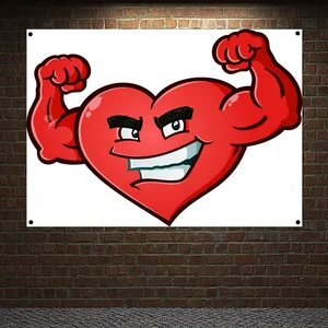 Inspirational Poster Strong Red Heart Workout Banner Wall Art Canvas Painting Tapestry 4 Grommets Custom Flag Gym Wall Decor