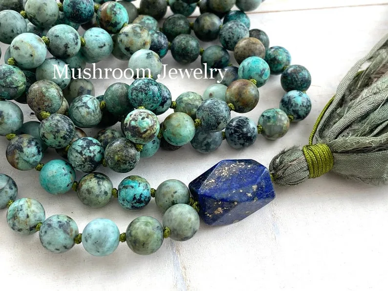 Knot Sari Silk Tassel Pendant Bohemian African Turquise Stone Necklace Beads Women Jewelry Beads