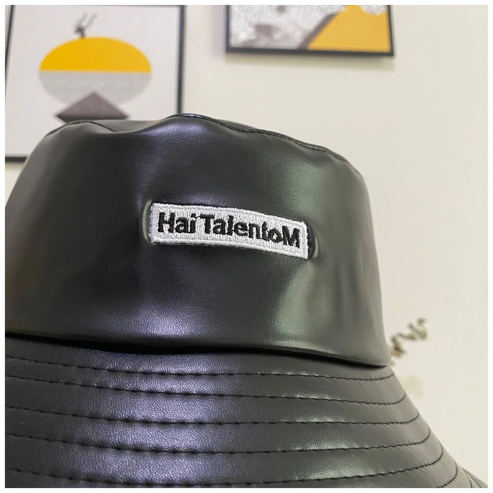 

New autumn and winter hat British leisure all-match leather hat basin hat street fashion bucket hat PU leather fisherman hat