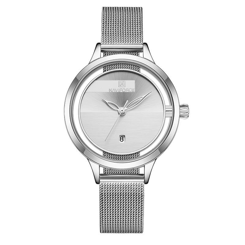 Silver White NAVIFORCE часы женские водонепроницаемые Модные кварцевые часы женские наручные часы из нержавеющей стали для девочек Relogio Feminino Montre Femme - Цвет: Silver White