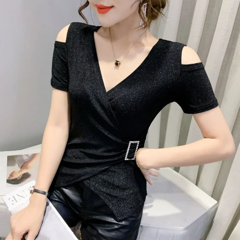 

#6044 Black Red Blue Shinny Wrap T Shirt Women Sexy Slim Irregular Tight Off Shoulder T Shirt For Women V Neck Summer Tops 2021