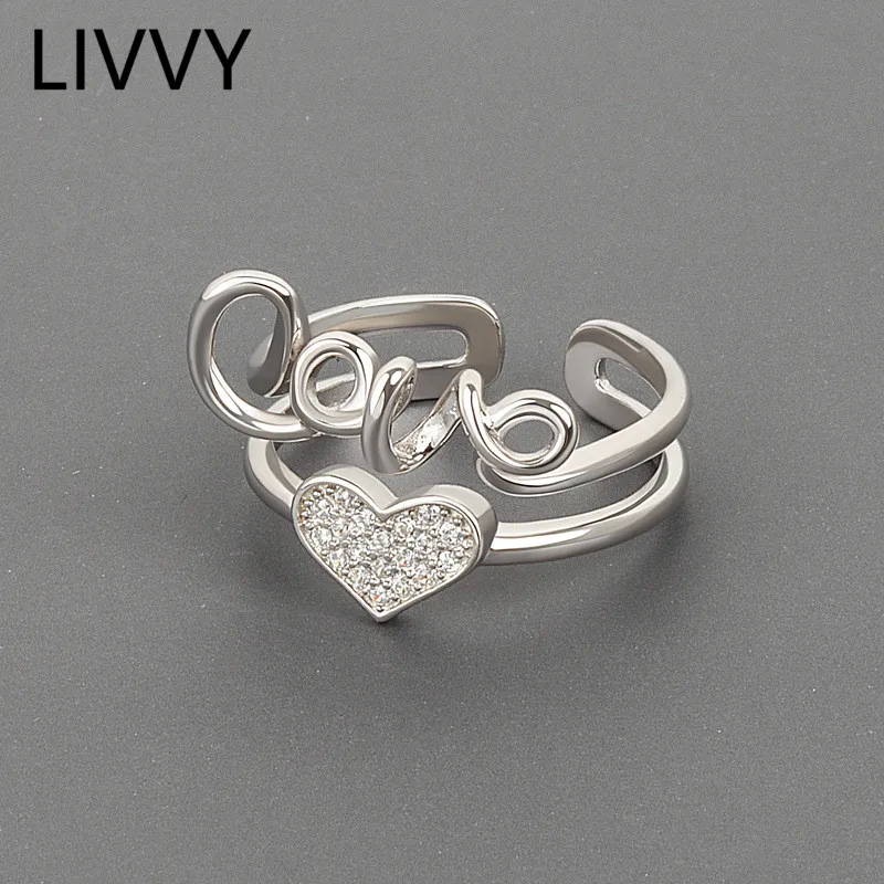 

LIVVY Silver Color Double Layer Love Heart Zircon Opening Ring for Women Fashion Handmade Engagement Jewelry Party Gifts