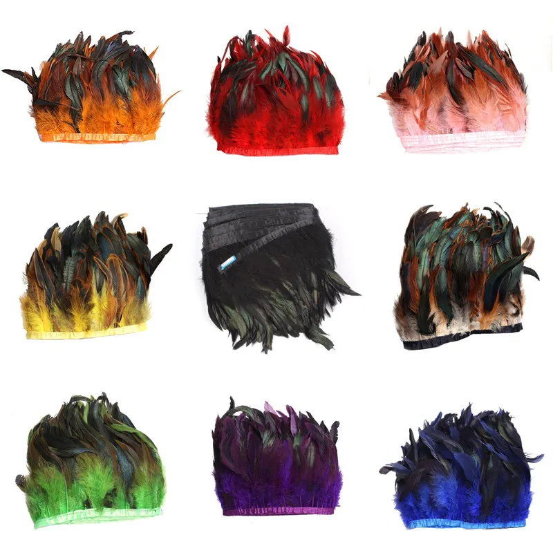 Высококачественная натуральная петушиная бахрома окрашенная атласной лентой 10