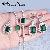 black angel 2021 new luxury princess square diamond necklace inlaid imitation emerald cut bracelet earrings pendant jewelry set