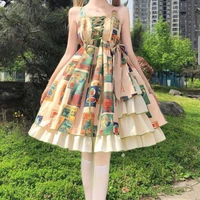 harajuku lolita dress style design stamp collection printing tea party jsk sling dress women summer loli kawaii cosplay