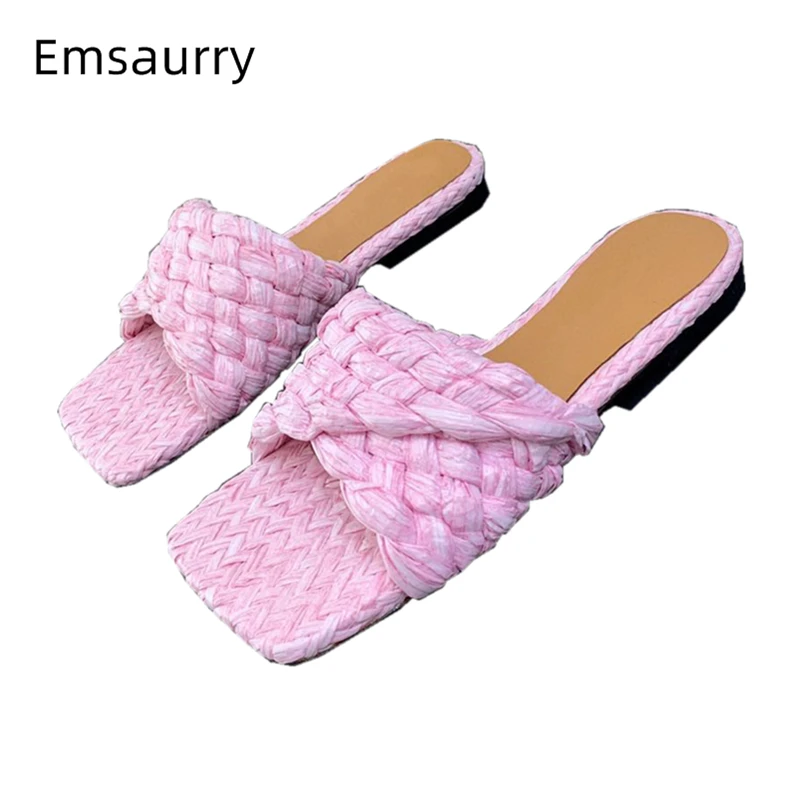 

Weave Cane Braided Lazyman Mules For Girls Lady Flat Heel Square Open Toe Knitted Summer Outwear Slippers Women