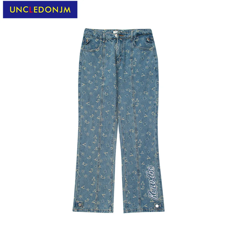 

UNCLEDONJM flare jeans vintage distressed cargo jeans men streetwear hip hop trousers blue baggy jeans