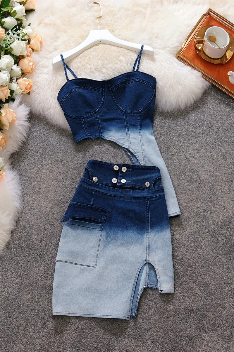 

Women's Denim Gradient Color Two Pieces Irregular Suits Camisole Top + Slim Pencil Skirt Ladies Chic Streetwear Skirt Sets