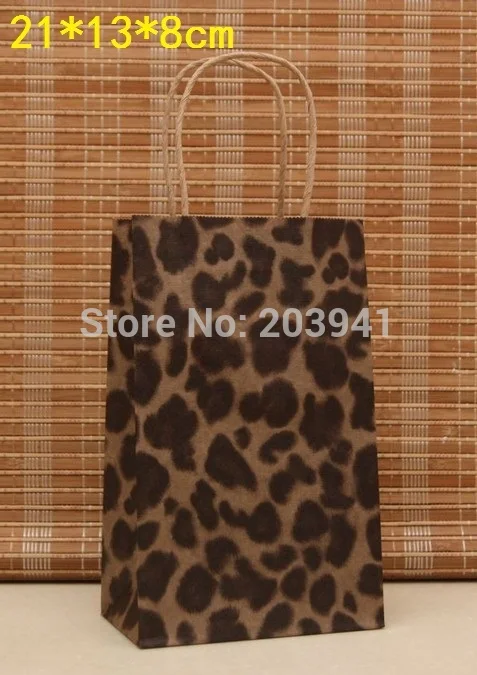 

40PCS 21X13X8cm Leopard kraft paper bag with handle jewelry bags shopping bags Christmas packing bag Excellent quality