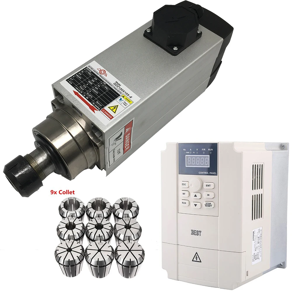 

6KW 8hp 220V 18000RPM ER32 квадратный AC шпиндель двигатель вентилятор с воздушным охлаждением и 7.5KW 10hp 1ph до 3ph VFD инвертор и ER32 цанги комплект