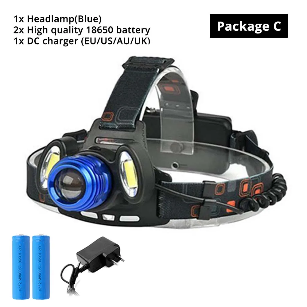 PackageC(blue) Супер яркий светодиодный налобный фонарь T6+ COB светодиодный налобный фонарь 4 режима освещения масштабируемый для рыбалки, ночной езды, кемпинга, приключений и т. д - Испускаемый цвет: PackageC(blue)