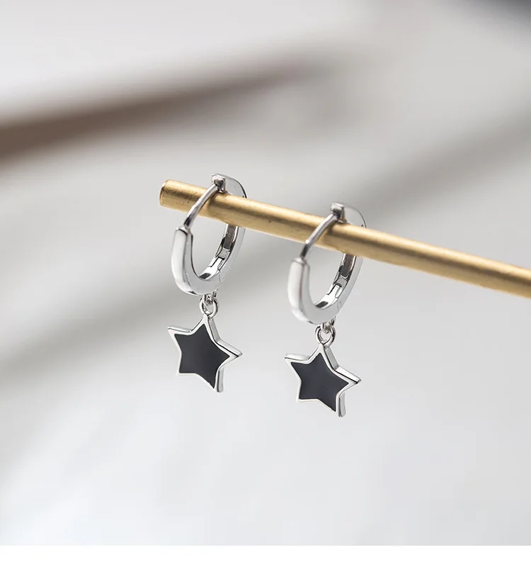 

Black Glaze Pentagram Simple Cute 925 Sterling Silver Fashion Female Star Dangle Earrings For Women Gift Brincos De Prata