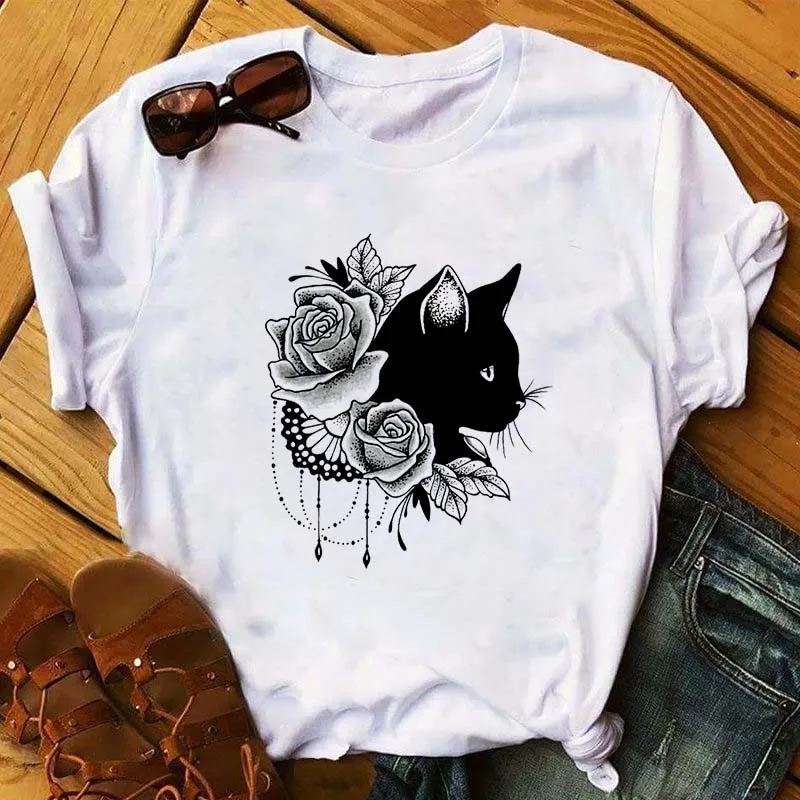 

Graphic Print Cat and Flower T-shirt for Women Summer Fashion Harajuku Short sleeved Black Cat Graphic T-shirt for women tops