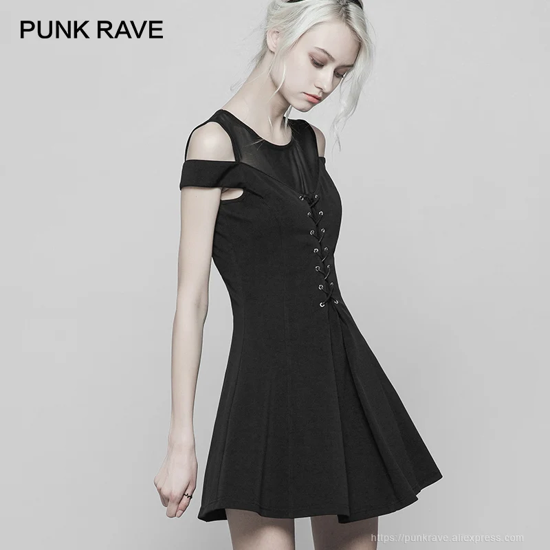 Женское черное трикотажное платье в стиле панк с коротким рукавом Сетчатое без