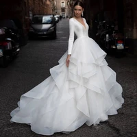 wedding dress simple long sleeve satin ball gown ruched tulle bridal 2022 princess customized vestido de novia