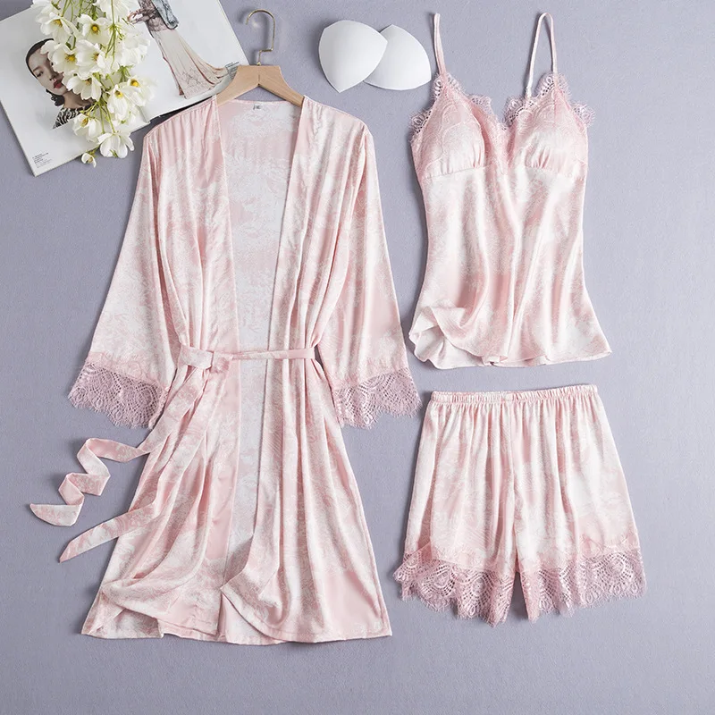 

Satin Pink Pajamas Set Women Lace 3PCS Sleepwear Sexy V-neck Robe Suit Comfy Sleep Set Female Pijamas Suit Kimono Gown