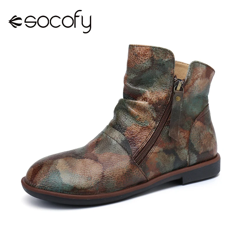 

Ботинки SOCOFY в стиле ретро из воловьей кожи, теплые ботинки на молнии сбоку, повседневные ботильоны на плоской подошве с круглым носком, повс...