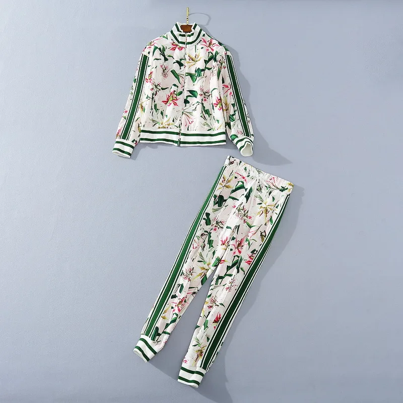 

American European women's and clothing 2021 autumn new style Long sleeve zipper jacket trousers Fashionable lily print suit