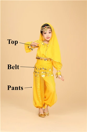 Yellow 3pcs Костюм для танца живота с длинными рукавами, детский индийский костюм для танца живота, одежда для сцены, танцевальные костюмы для девочек - Цвет: Yellow 3pcs