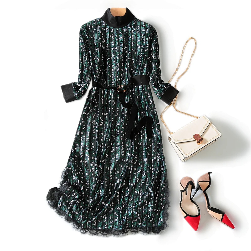 2019 осень и зима новый Ol стиль популярное Золотое бархатное маленькое платье с