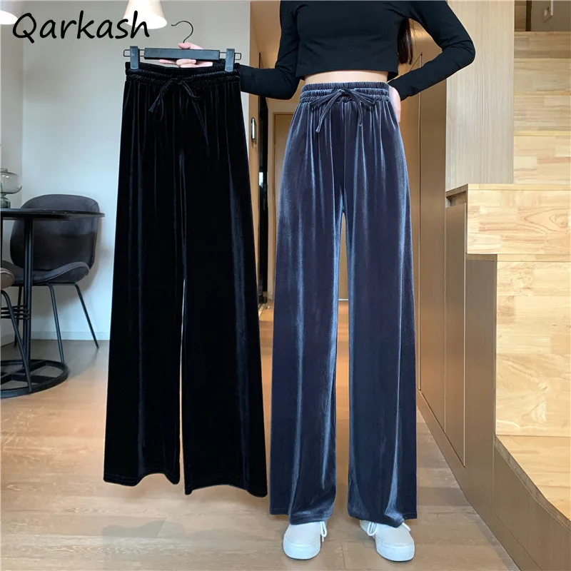 

Autumn Pant Women 2021 Korean Fashion New High-waisted Trousers Casual Wide Leg Full Length Pleuche Elastic Waist Solid Cozy Ins