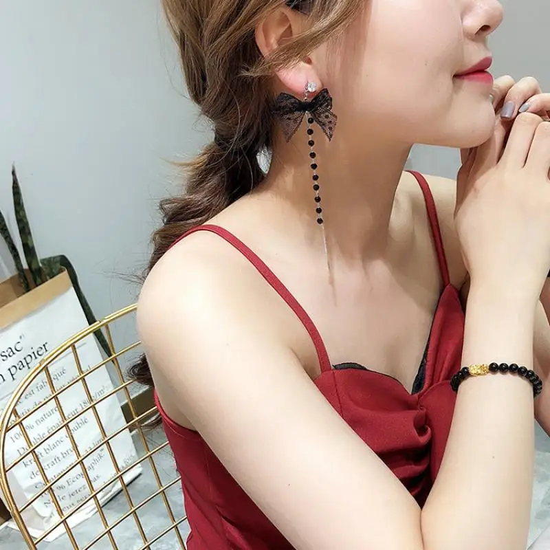 Корейские новые индивидуальные длинные серьги с кружевными бантами и кисточками