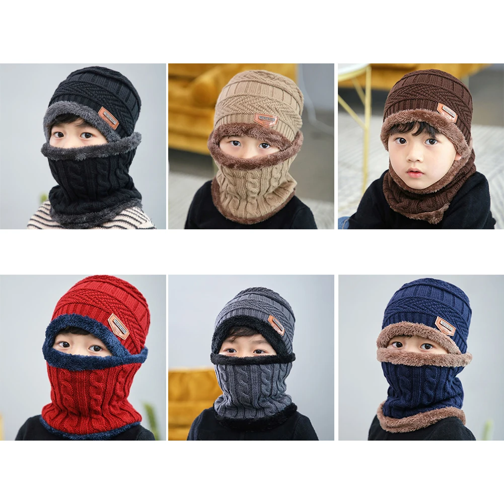 Детская Зимняя вязанная шерстяная шапка с шарфом для защиты ушей теплая шапочка