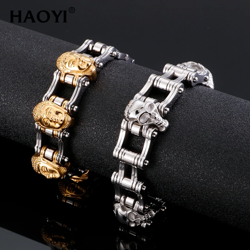 

Punk Male Bike Chain Bracelets Gold Black Stainless Steel Skeleton Skull Charms Link Wide Biker Chain Bracelets Jewelry For Men