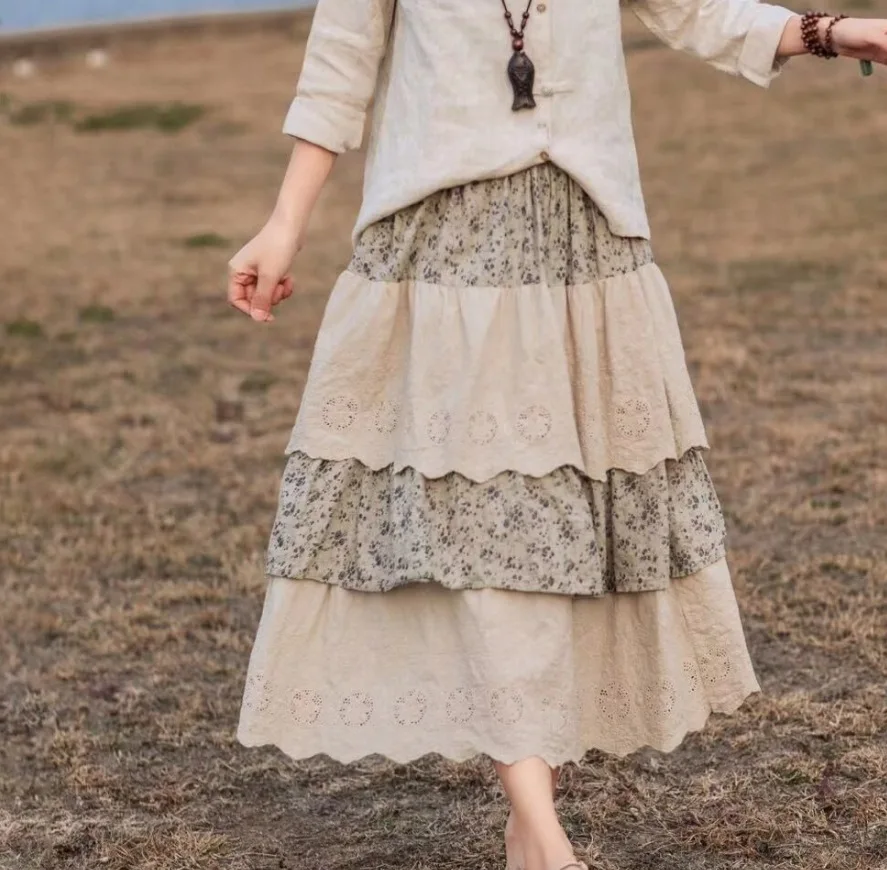 Женская винтажная льняная юбка с эластичным поясом Весенняя цветочной вышивкой