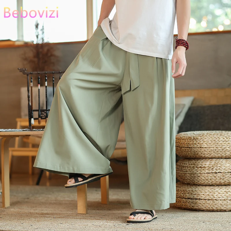 

Plus Size M-5XL Men Japan Samurai and Thai Wide Leg Pants Chinese Urban Streetwear Loose Green Grey Black Long Bottoms Clothes