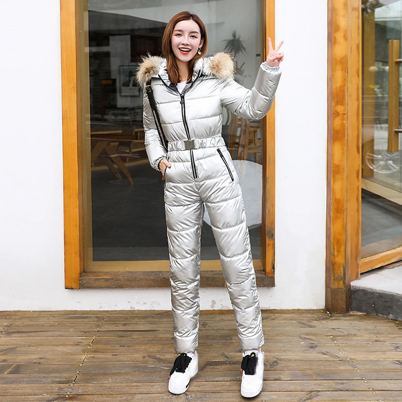 

Fashion New Winter Women's Hooded Jumpsuits Parka Cotton Padded Warm Sashes Ski Suit Straight Zipper One Piece Casual Tracksuits
