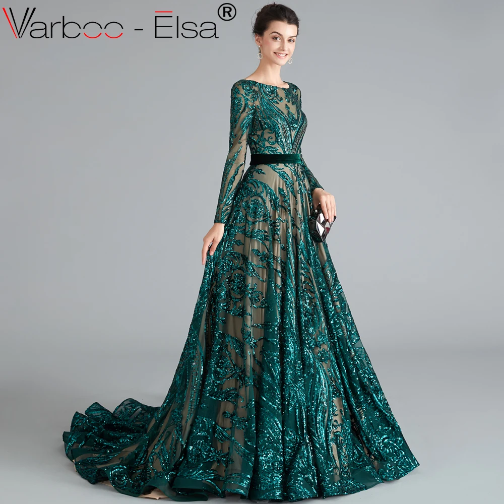 VARBOO_ELSA green Robe De Soiree Длинные вечерние платья с длинными рукавами и поясом, торжественное платье с блестками, женские вечерние платья