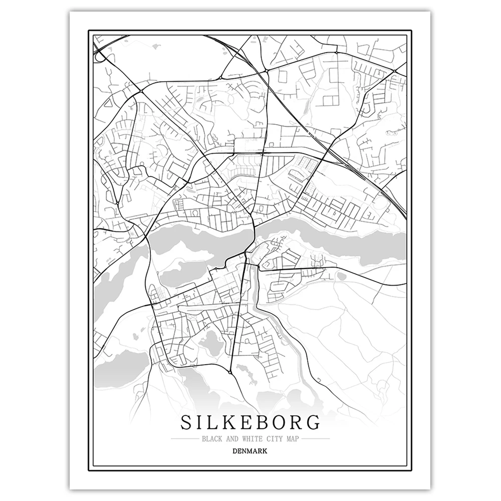 Silkeborg Дания черный белый мир Карта города плакат Скандинавская гостиная copenhen Odense настенные художественные картины Домашний декор холст живопись - Цвет: Silkeborg