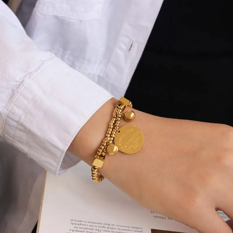 

Gold Beads Stretch Bracelet For Women Titanium Steel Round Pendant Bracelet Fashion Jewelry No Fade