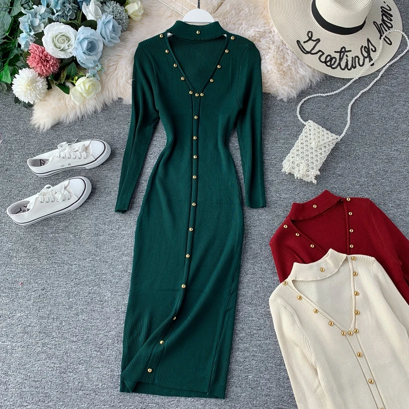 

Winter Womenswear Slim Fit Mid Calf V-Neck Sexy Women Dresses Knitting Single Breasted Beades Long Elegant Office Ladies Dress
