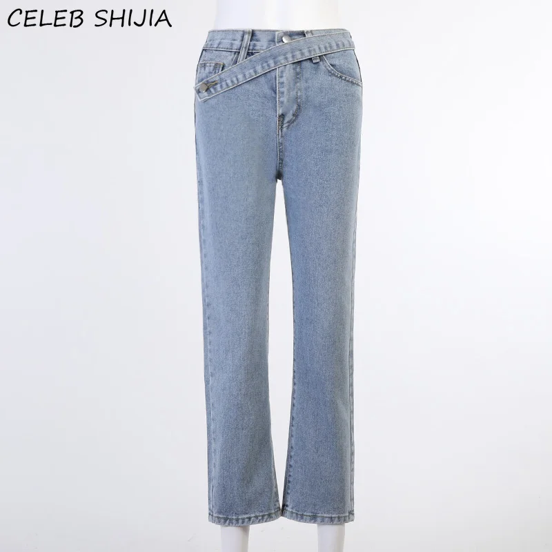 

Vintage High Waist Denim Jeans Woman Inclined Belt Light Blue Straight Leg Pants Female Streetwear Chic Y2k Jeans for Woman Mom