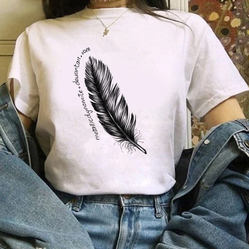 

Women's T-shirt Feather Harajuku printed T-shirt fashion casual white T-shirt 90s T-shirt Plus Size Korean Style Female Top Tees