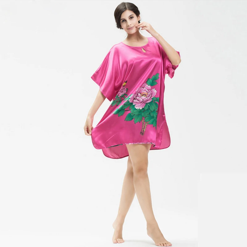 Peony Red Для женщин атласная сексуальные шелковые пижамы Ночные сорочки пижамы рукав «летучая мышь» по колено ночные рубашки, ночное белье Розовый Ночная одежда ля маленьких девочек и малышей - Цвет: Peony Red