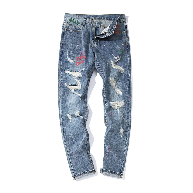 

ELKMU Ripped Jeans Men Streetwear Denim Pants Destroyed Hole Skinny Jeans Hip Hop Smile Face Graffiti Print Trousers Male HE196