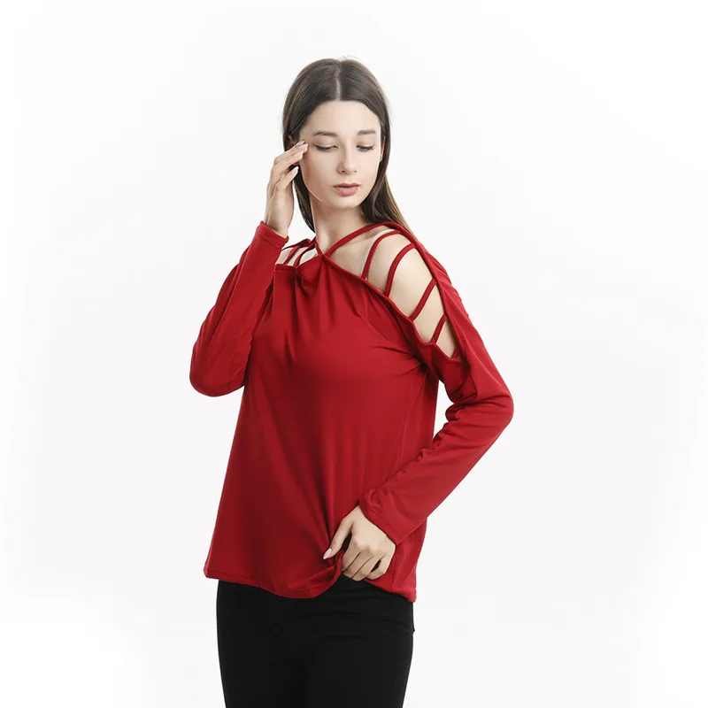Fashion Womens T-Shirts Tops Autumn Casual Choker Neck Slim Tee Shirts Loose Cold Shoulder Long Sleeve T-Shirts images - 6