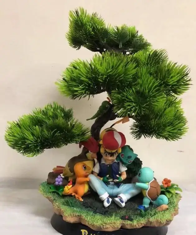 

Anime Ash Ketchum with Pikachu Charmander Bulbasaur Squirtle under Tree Figure Model Toys