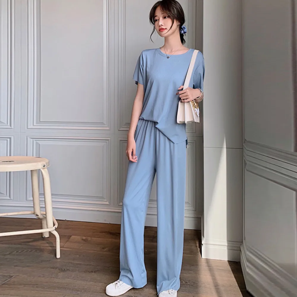 

Bodycon Two Piece Set Summer Thin ice Silk loose Wide leg pants two-piece Casual pajamas fashion Suit Short sleeve + long pants