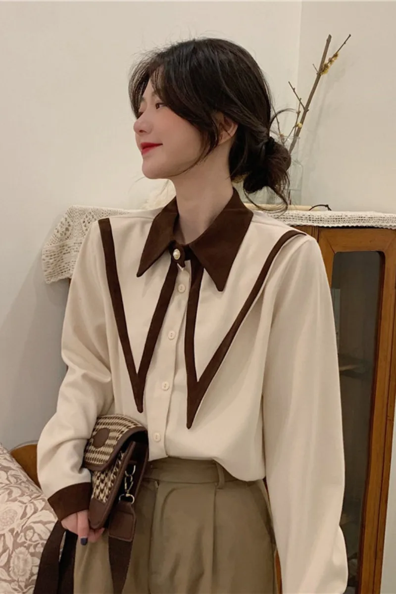 

Summer 2021 Ladies Tops Turn-down Collar Preppy Style Synthetic Fiber Women's Long Sleeve Shirt Korean Fashion