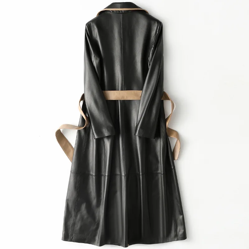 Women's Real Leather Slim Long Spring Sheepskin Coat Black High Quality Jacket with Belt High End Temperament New Windbreaker