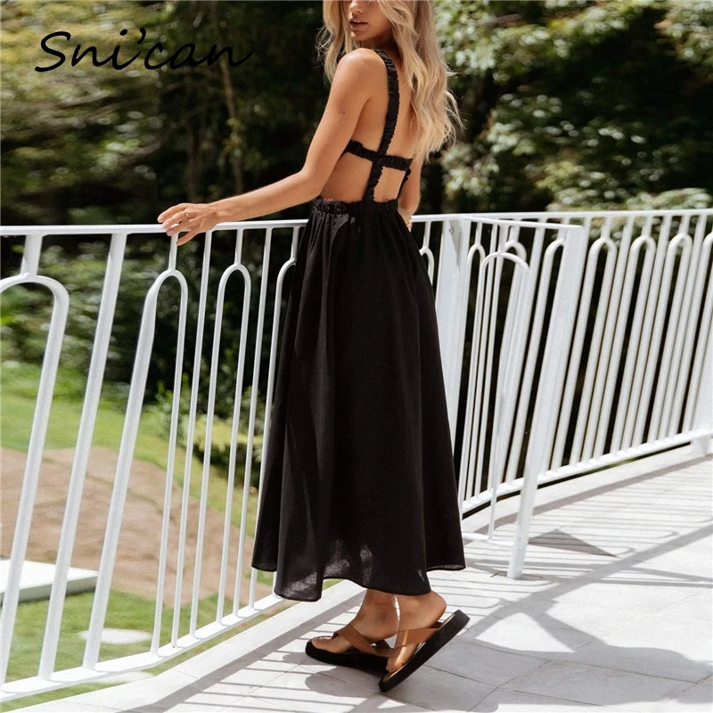 

Snican Solid Backless Bandage Sexy Dresses Women Summer Casual Oversize Long Robe Longue Dos Nu Female Sukienki Letnie Vestidos