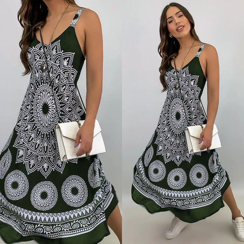 Vestidos Maxi estampados para mujer, vestidos sin mangas con cuello en V, ropa informal a la moda de verano, novedad de 2021